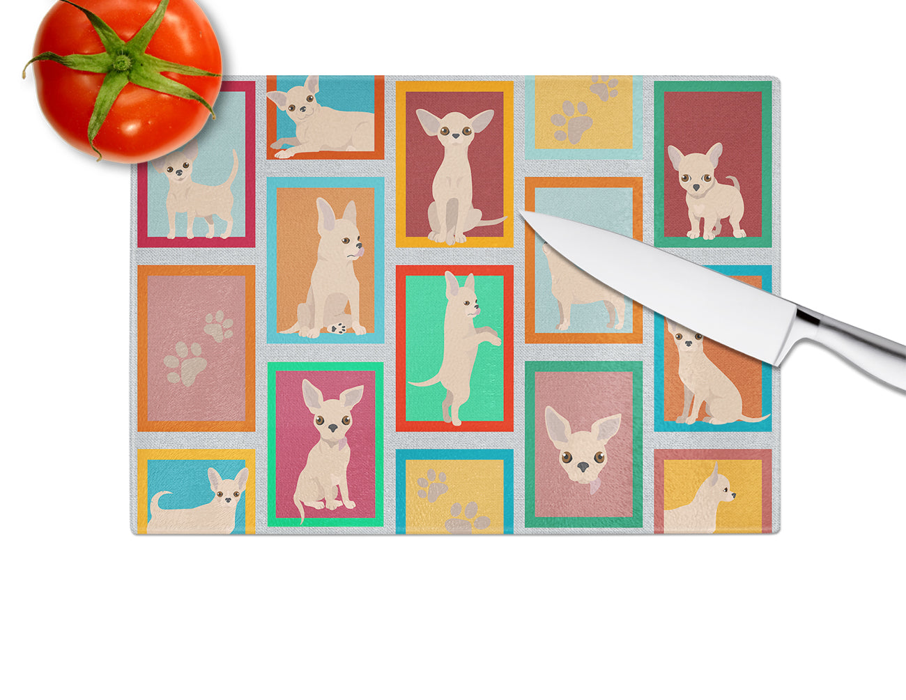 Lots of Cream Chihuahua Glass Cutting Board