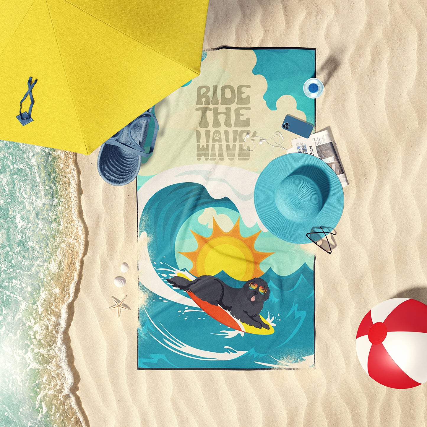 Surfer Dog Grey Newfoundland Premium Beach Towel