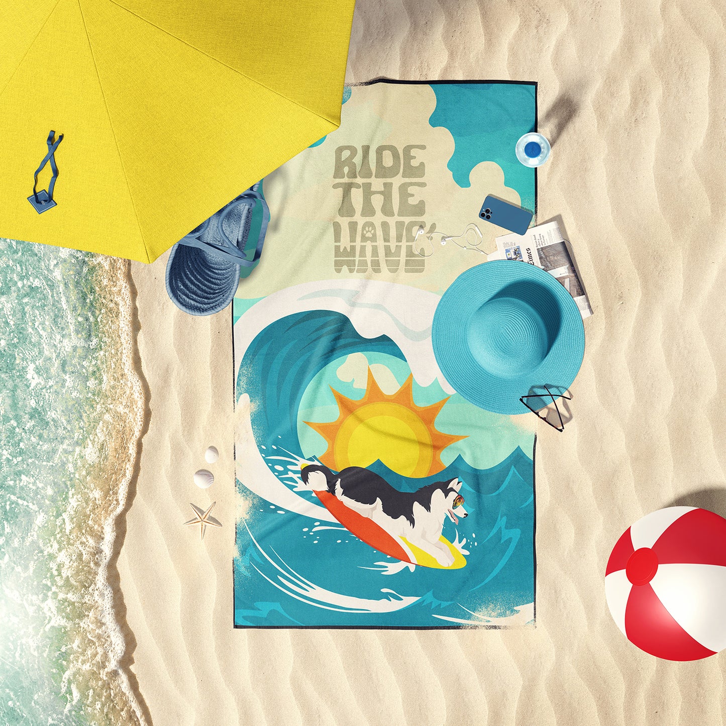 Surfer Dog Black White Siberian Husky Premium Beach Towel